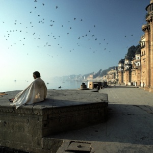 Meditation at sunrise on the ghats of Varanasi